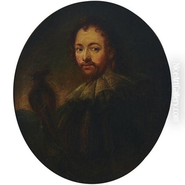 Portrait Of A Gentleman Half-length, To The Left Wearing A Black Cloak With Lace Ruff, Holding A Falcon At His Left, In A Landscape At Dusk Oil Painting by Anthony Van Dyck