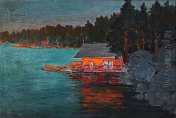 Bathing House At A Forest Lake In The Evening Sun Oil Painting by Konstantin Vikent'evich Dydyshko