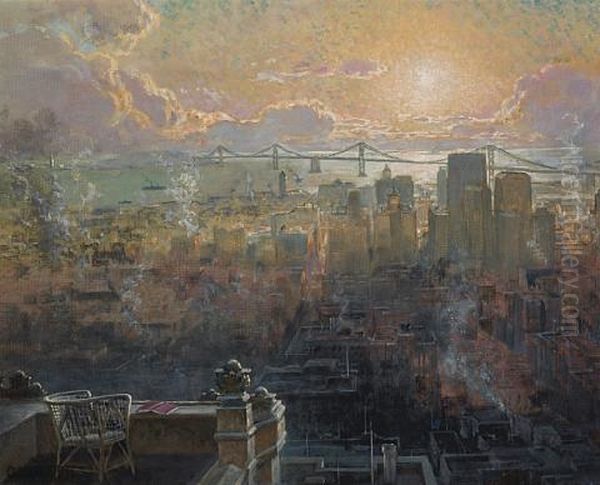 The Oakland Bay Bridge And Downtown San Francisco From Nob Hill Oil Painting by Clarkson Dye