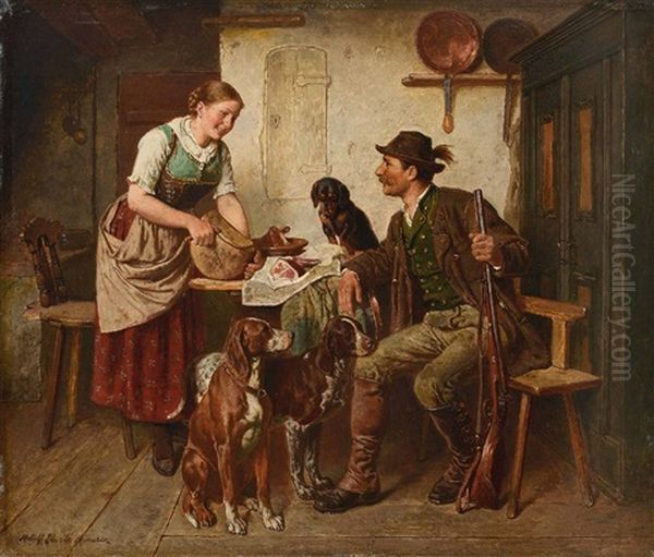 Dirndl Und Jager Bei Der Brotzeit Oil Painting by Adolf Eberle