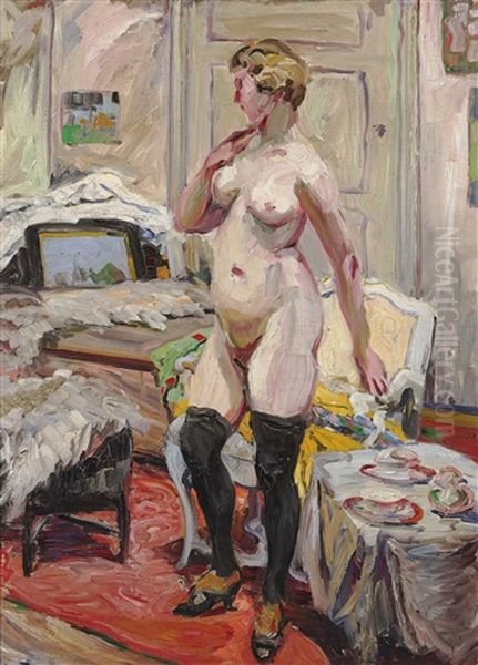 Akt Mit Schwarzen Strumpfen Oil Painting by Hermann Ebers
