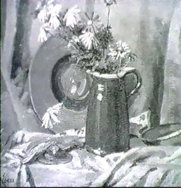Sommerstrauss In Einem Krug Neben Teller Und Drapierten     Stoffen Oil Painting by Hermann Ebers