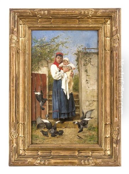 Beim Taubenfuttern Oil Painting by Adolf Echtler
