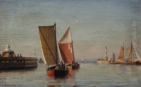 Fishermen At Aarhus Harbour, Denmark Oil Painting by Christian Frederic Eckardt