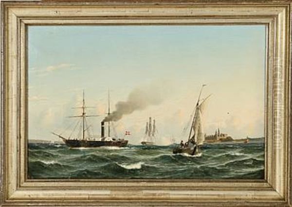 Seascape With Ships Off The Coast Of Elsinore Castle Oil Painting by Christian Eckardt