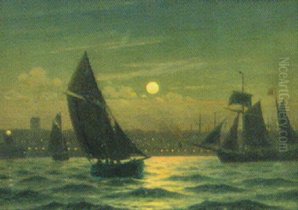 Maaneskin Udfor Helsingborg Oil Painting by Christian Eckardt