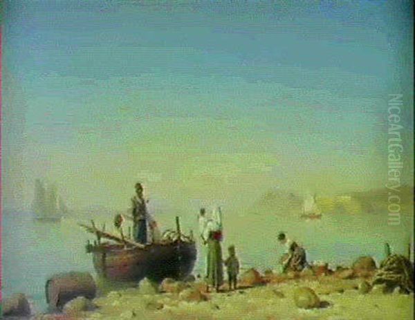 Italiensk Fiskerfamilie Pa Stranden Ved Napolibugten Oil Painting by Christian Eckardt