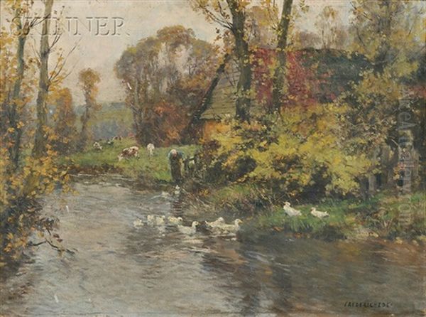 Figure With Geese And Cows Along A Riverbank Oil Painting by Frederick Charles Vipont Ede