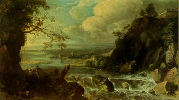 An Extensive River Landscape With Peasants On A Track By A Waterfall, A Town Beyond Oil Painting by Gerard Van Edema