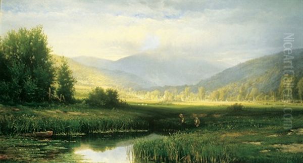 Children Fishing At A Quiet Pool Oil Painting by Aaron Allan Edson