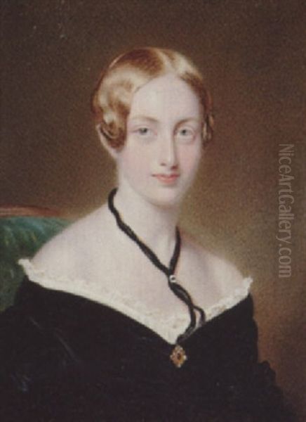 A Lady Wearing Decollete Black Dress With Frilled White Trim, Brooch At Her Corsage And Black Ribbon Necklace Oil Painting by William Egley