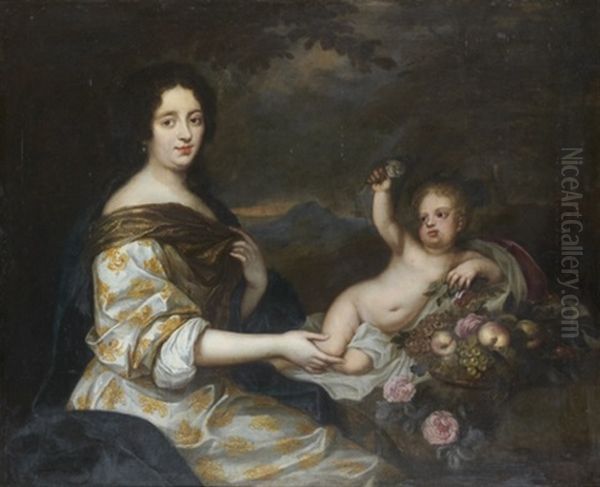 Putto Offrant Des Fleurs Et Des Fruits A Une Jeune Femme Dans Un Paysage Oil Painting by Justus van Egmont