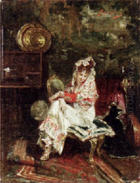 A Spanish Beauty Oil Painting by Rogelio De Egusquiza
