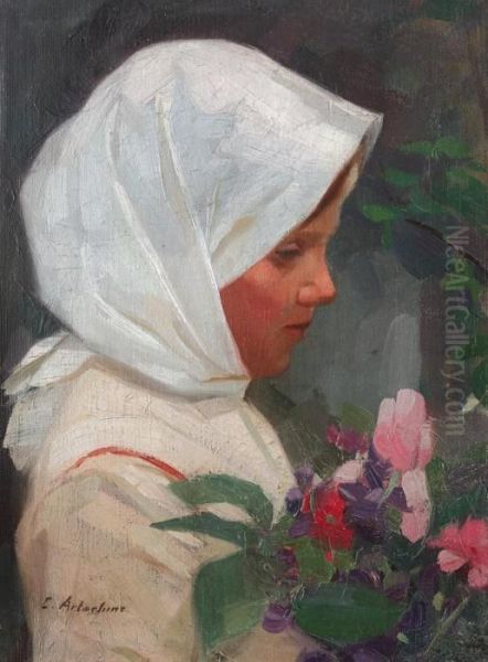 Fetita Cu Flori Oil Painting by Constantin Artachino