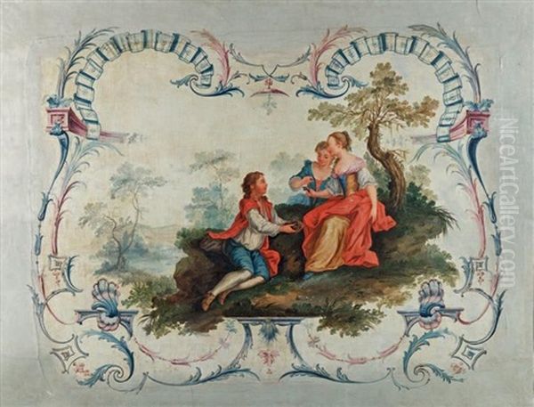 La Pipee Aux Oiseaux Dans Un Cartouche Ornemente De Lambrequins En Gris Et Bleu Oil Painting by Charles Dominique Joseph Eisen