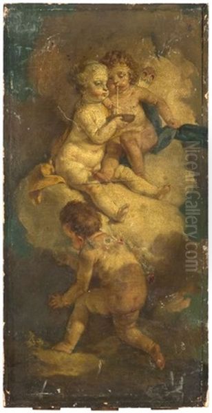 Putti Aux Bulles De Savon (+ Putti A La Corbeille De Fruit; Pair) Oil Painting by Charles Dominique Joseph Eisen