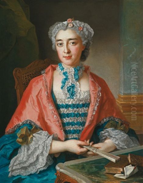 Portrat Einer Dame Mit Einem Facher An Einem Schreibtisch Oil Painting by Francois Eisen