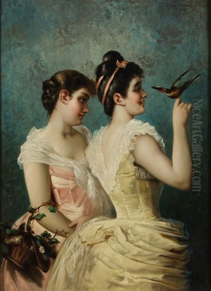 Two Young Women With A Bird Oil Painting by Emile Eisman-Semenowsky