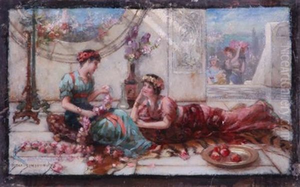 Classical Scenes: Take Heed Lest Thou Owe A Laughing Stock To The Winds & Maidens Stringing Roses (pair) Oil Painting by Emile Eisman-Semenowsky