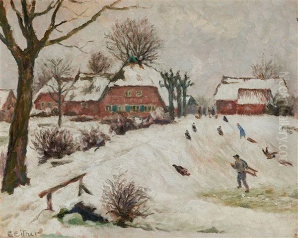 Winterlandschaft Mit Schlittenfahrern Oil Painting by Ernst (Wilhelm Heinrich E. ) Eitner