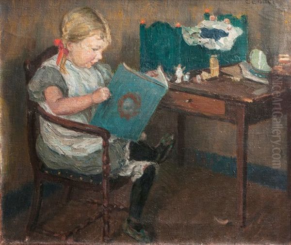 Die Tochter Des Kunstlers Mit Einem Buch Oil Painting by Ernst (Wilhelm Heinrich E. ) Eitner