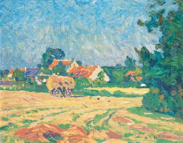 Strohwagen Am Dorfrand Oil Painting by Ernst (Wilhelm Heinrich E. ) Eitner