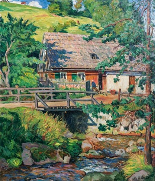 House In Hainbach In The Giant Mountains Oil Painting by Ernst (Wilhelm Heinrich E. ) Eitner