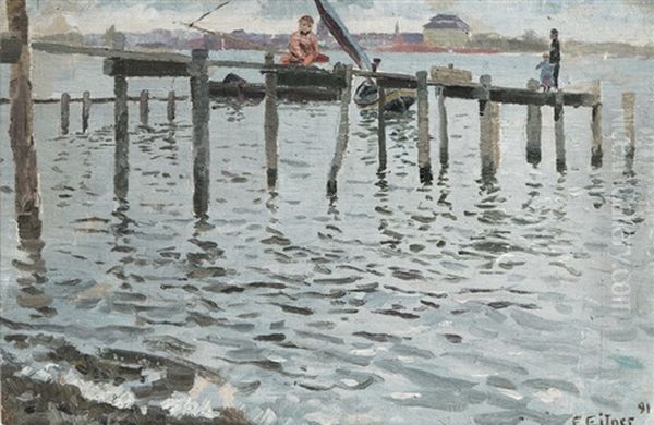 Jetty By The Trave River Oil Painting by Ernst (Wilhelm Heinrich E. ) Eitner