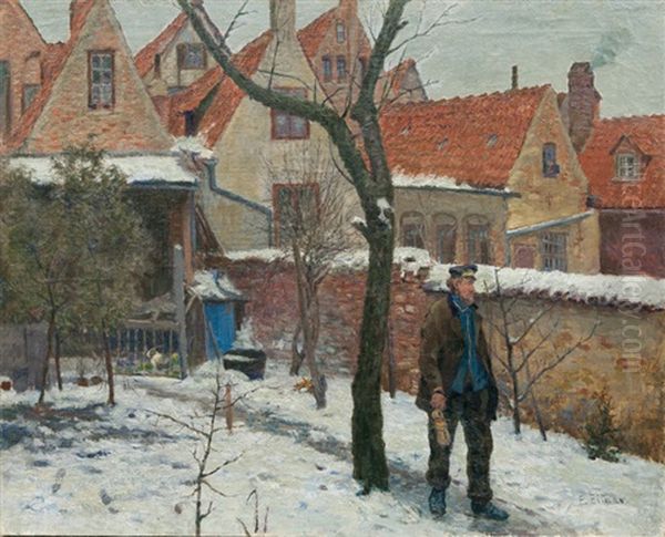 Winter In The Town Oil Painting by Ernst (Wilhelm Heinrich E. ) Eitner