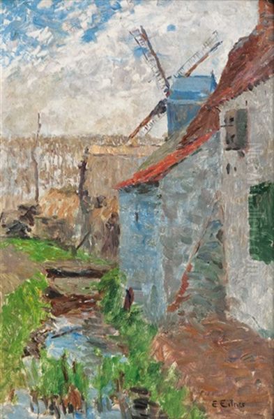 Houses And Windmill Oil Painting by Ernst (Wilhelm Heinrich E. ) Eitner