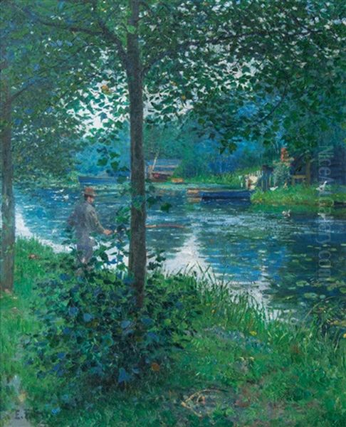 Sunlit Landscape With Angler Oil Painting by Ernst (Wilhelm Heinrich E. ) Eitner