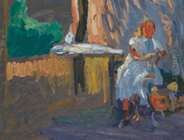 Madchen Mit Puppenwagen Oil Painting by Ernst (Wilhelm Heinrich E. ) Eitner