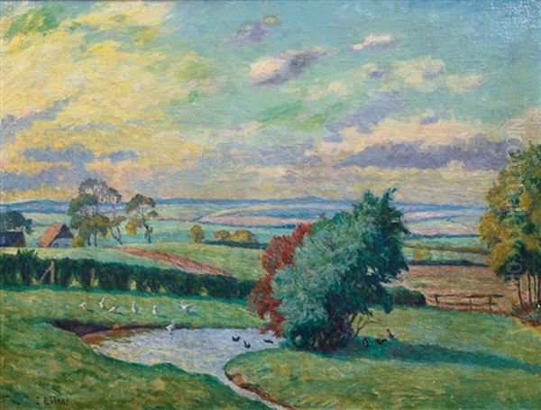 Wide Landscape With Ducks Oil Painting by Ernst (Wilhelm Heinrich E. ) Eitner