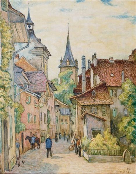 View Of The Picturesque Old Town Of Murten Oil Painting by Ernst (Wilhelm Heinrich E. ) Eitner