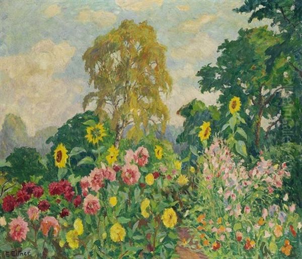 Herbstgarten - Mit Birke Oil Painting by Ernst (Wilhelm Heinrich E. ) Eitner