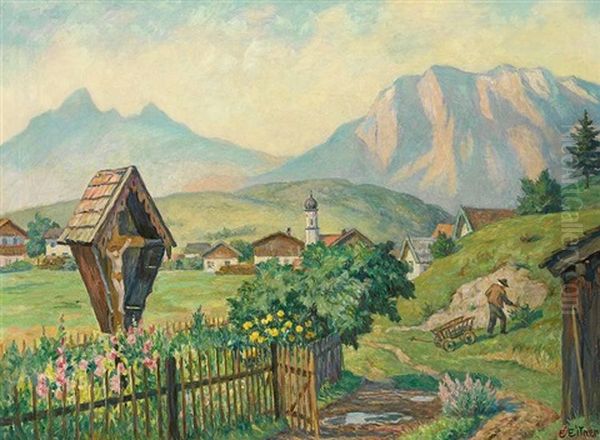Oberbayerisches Kirchdorf Mit Watzmannmassiv An Einem Sommertag Oil Painting by Ernst (Wilhelm Heinrich E. ) Eitner