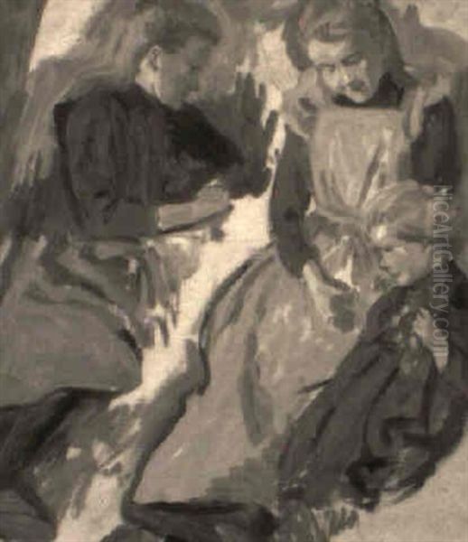 Drei Madchen Im Garten Oil Painting by Ernst (Wilhelm Heinrich E. ) Eitner