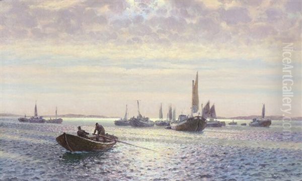 Anchored Sailboats Oil Painting by Emil Gotthard Ekman