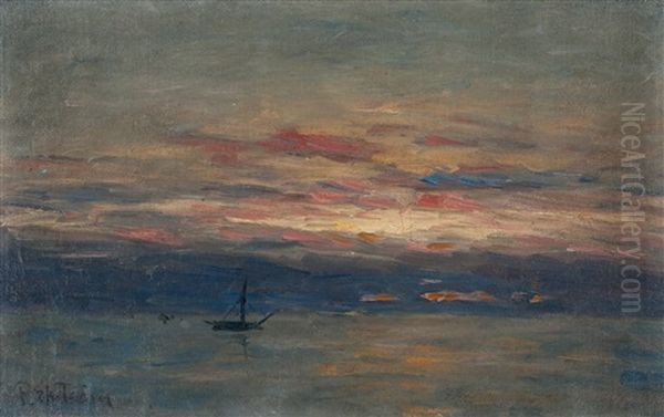 Sun Setting Over The Ocean Oil Painting by Per Ekstroem