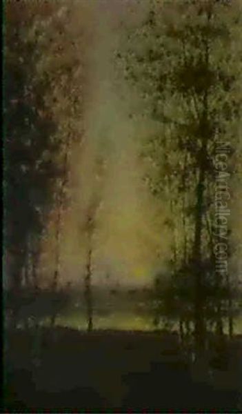 Morgonsol Mellan Traden, Franskt Flodlandskap Med Roddbat Oil Painting by Per Ekstroem