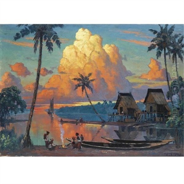 Indonesian Landscape At Sunset Oil Painting by Leo Eland