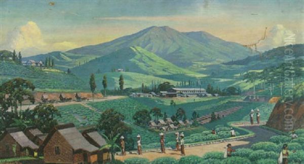 A View Of A Tea Plantation With Figures Harvesting, Java Oil Painting by Leo Eland