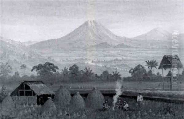 Indonesian Landscape With Figures By A Fire Oil Painting by Leo Eland