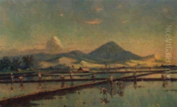 Peasants Working The Sawahs Oil Painting by Leo Eland