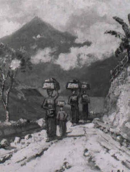 Women On A Path Carrying Baskets On Their Heads Oil Painting by Leo Eland