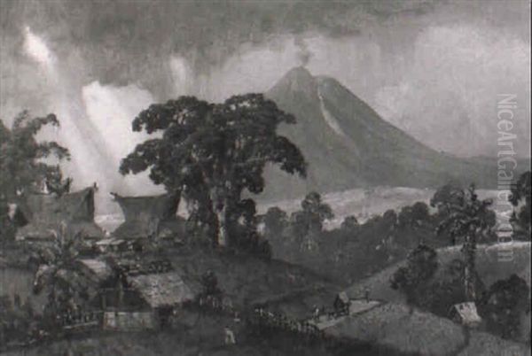 Village In A Hilly Landscape With A Smoking Volcano In The Distance Oil Painting by Leo Eland