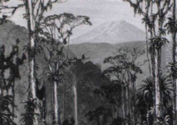 A Wooded Landscape With A Monkey In A Tree, Java Oil Painting by Leo Eland