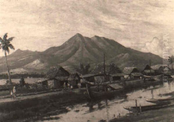 Houses In A Riverbank Oil Painting by Leo Eland