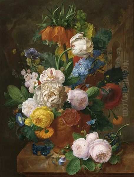 A Flower Still Life In A Terracotta Vase Oil Painting by Jean-Francois Eliaerts
