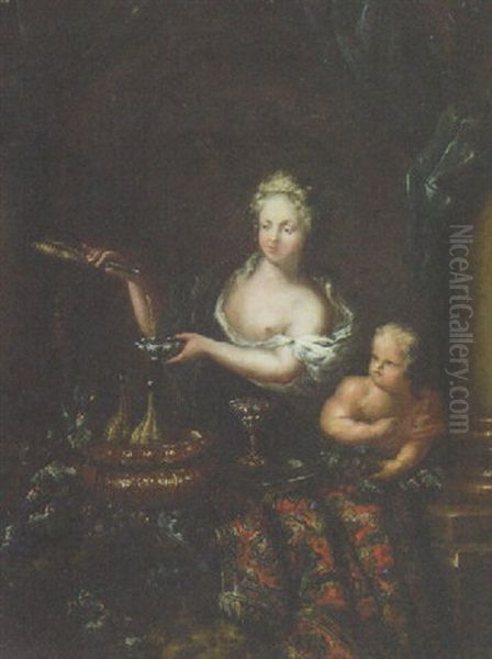 A Woman Pouring Wine With A Child At A Casement Oil Painting by Ottmar Elliger the Younger